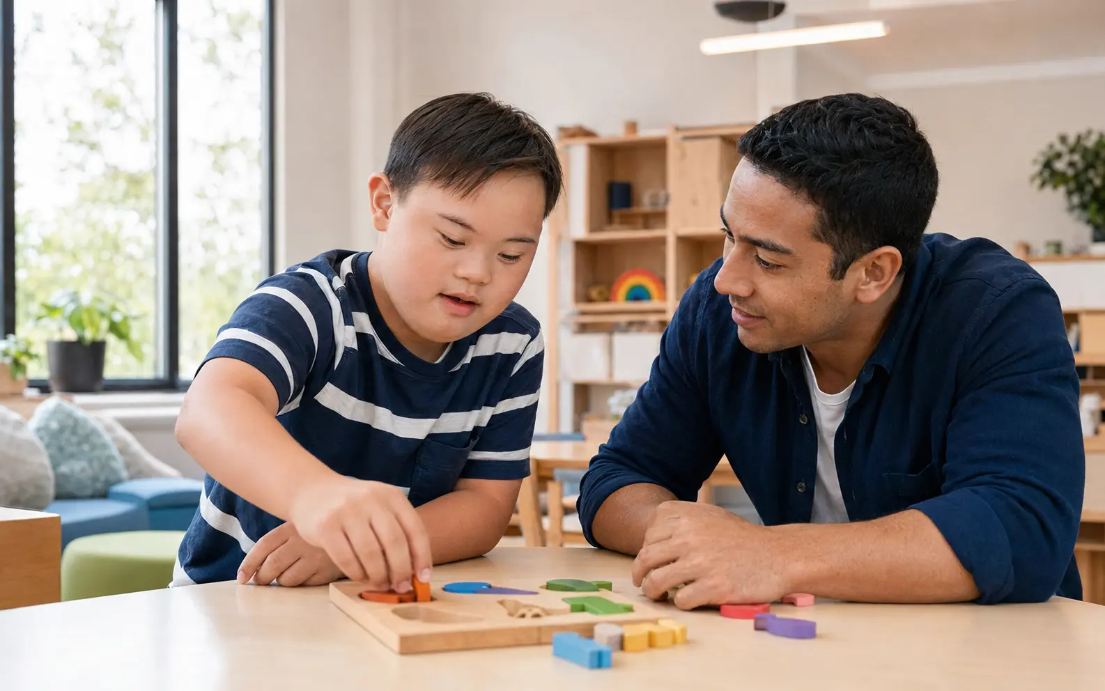 A learning facilitator supporting a child with Down syndrome at the child’s pace